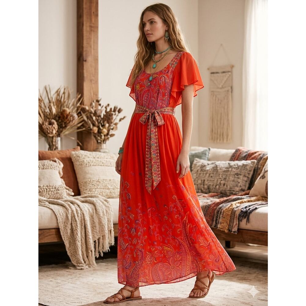 Maeve by Anthropologie Orange Paisley Maxi with Sheer back layer size 2